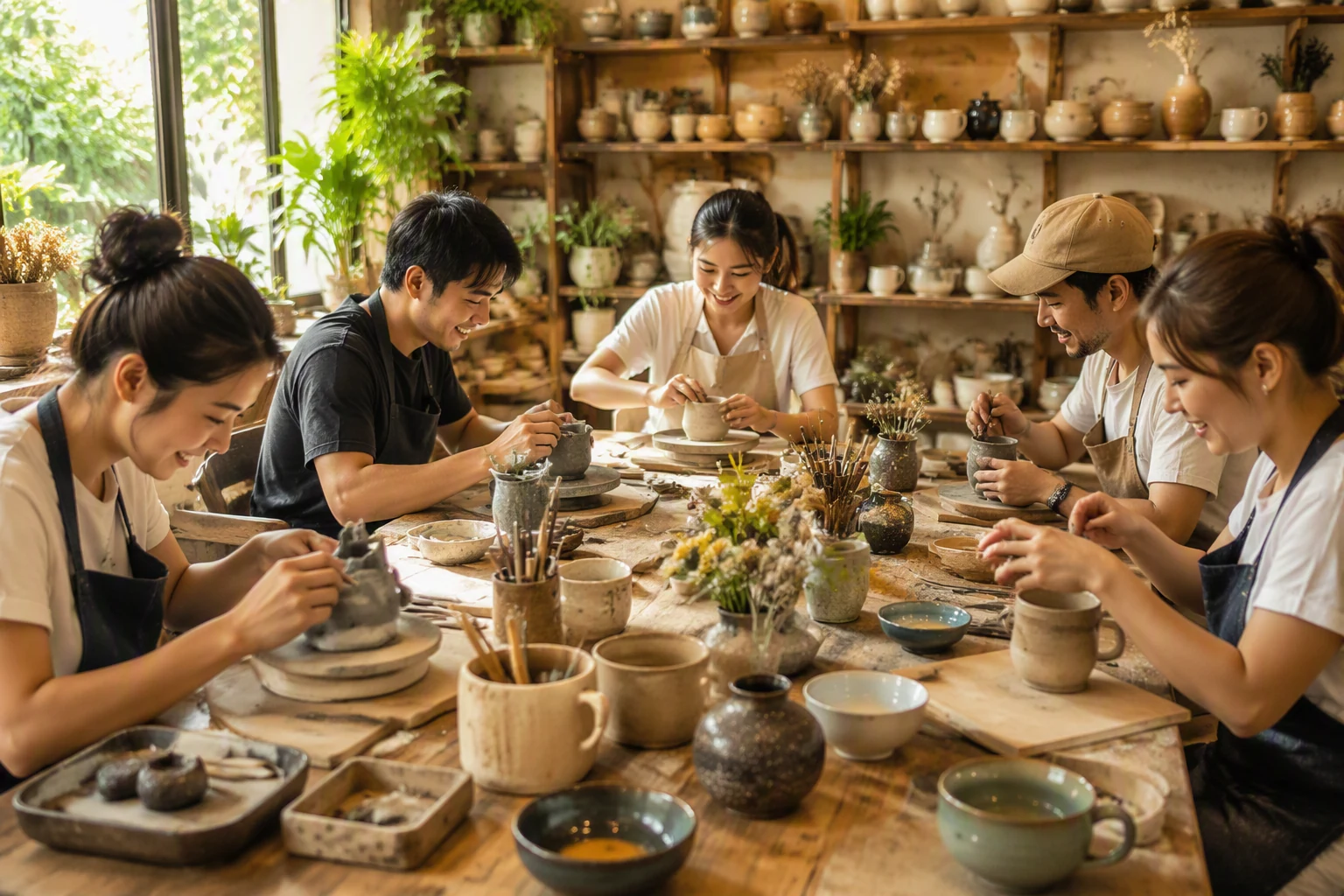 Creative workshop session with pottery and painting materials